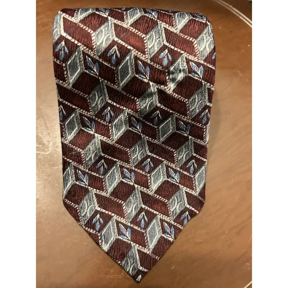 Geoffrey Beene Silk Tie Geometric‎ Pattern Burgundy Gray Blue Mens Formal